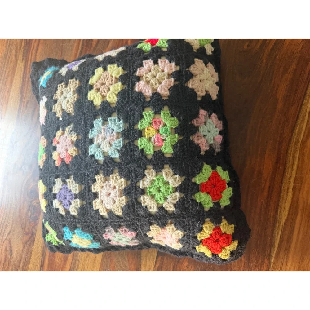 Handmade Crochet Granny Square Throw Pillow Black Multi Color Retro‎ Boho 13x13
